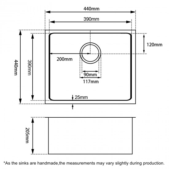 440x440x205mm 1.2mm Round Corner Stainless Steel Handmade Single Bowl Top/Flush/Undermount Kitchen/Laundry Sink With Overflow Corrosion Resistant Oilproof Easy To Clean Scratch Resistant